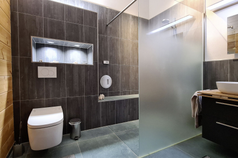 Bad im Holzhaus, Dusche, Waschtisch und WC